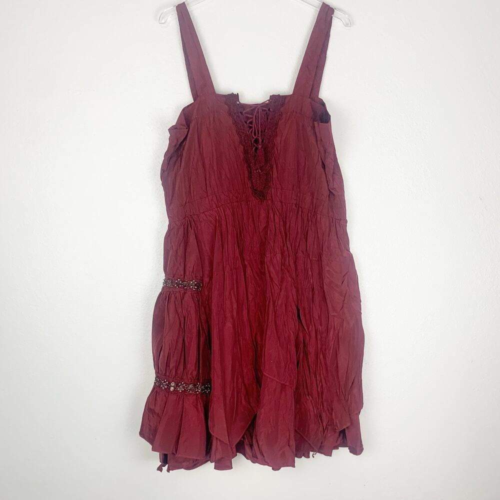 Pretty Angel Dress Womens Large Tiered Silk Blend Boho Whimsigoth Beaded‎ Maroon - Picture 5 of 11
